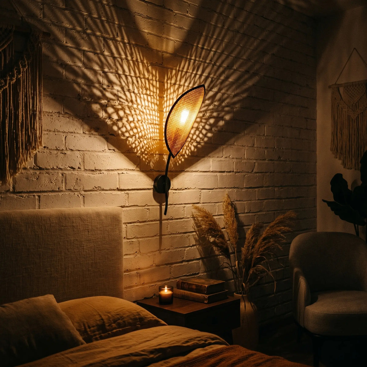applique rotin allumée ambiance nuit chambre