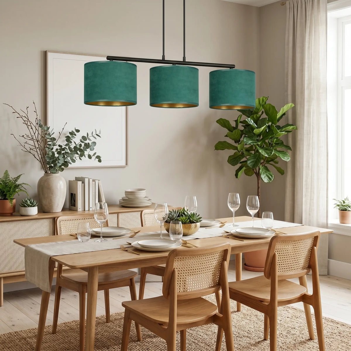 suspension velours vert trois abat-jours dorés salle à manger